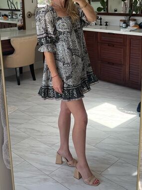 Cleobella Black & White Boho Print Ruffle Hem Dress